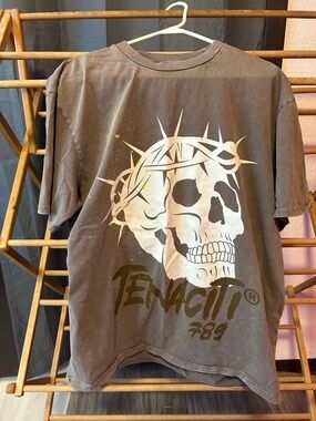 Y2K Tenaciti 789 One King Graphic Skull Heavyweight Oversized Brown T Shirt